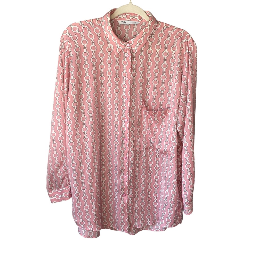 Zara Womens Pink White Chain Link Print Button Down Shirt Long Sleeve Size XL